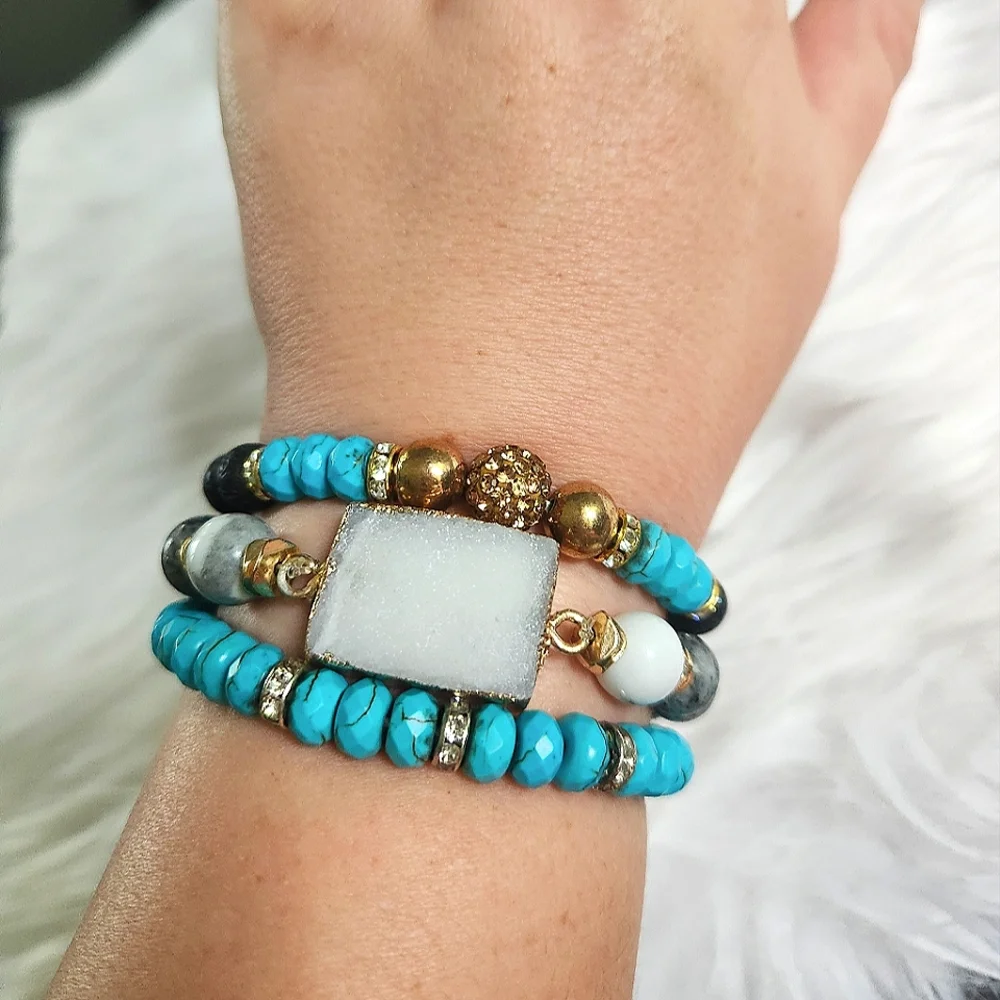 NWT Ryze Natural Lava Stone, Druzy, Larvikite, & Turquoise Bead Staxx Bracelets - Picture 5 of 6